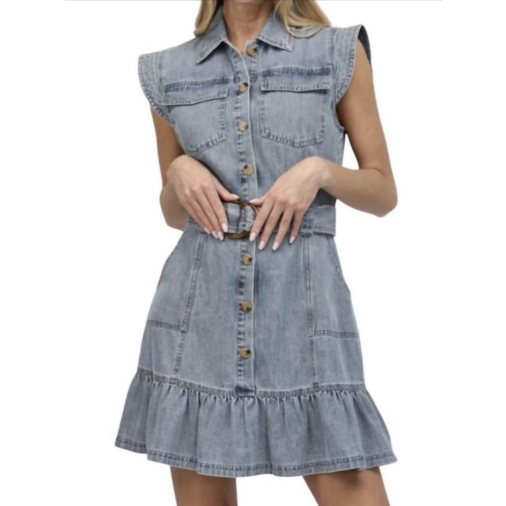 Fate Med Light Blue Denim Button-Front Mini Eloise Dress Belt NWT$94